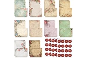TaoBary 160 Pcs Stationery Paper Set 50 Double Sided Stationery Papers with 50 Matching Envelopes and 60 Round Dot Sticker, 10 Design(Vintage Floral,5.5 x 8.25 Inch)