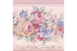 CONCORD WALLCOVERINGS ™ Wallpaper Border Floral Pattern Roses Butterflies for Bedroom Living Room, Beige Pink Blue, 15 Feet by 7 Inches 29427