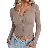 Oakgarden Women's Cropped Cardigan Cotton Long Sleeve Ribbed Y2k Button Down Shirt Scoop Neck Slim Fit Fall Top