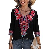 Higustar Women's Embroidered Tops Boho Floral Tunics Fiesta Shirts Peasant Hippie Clothes Traditional Bohemian Blouses