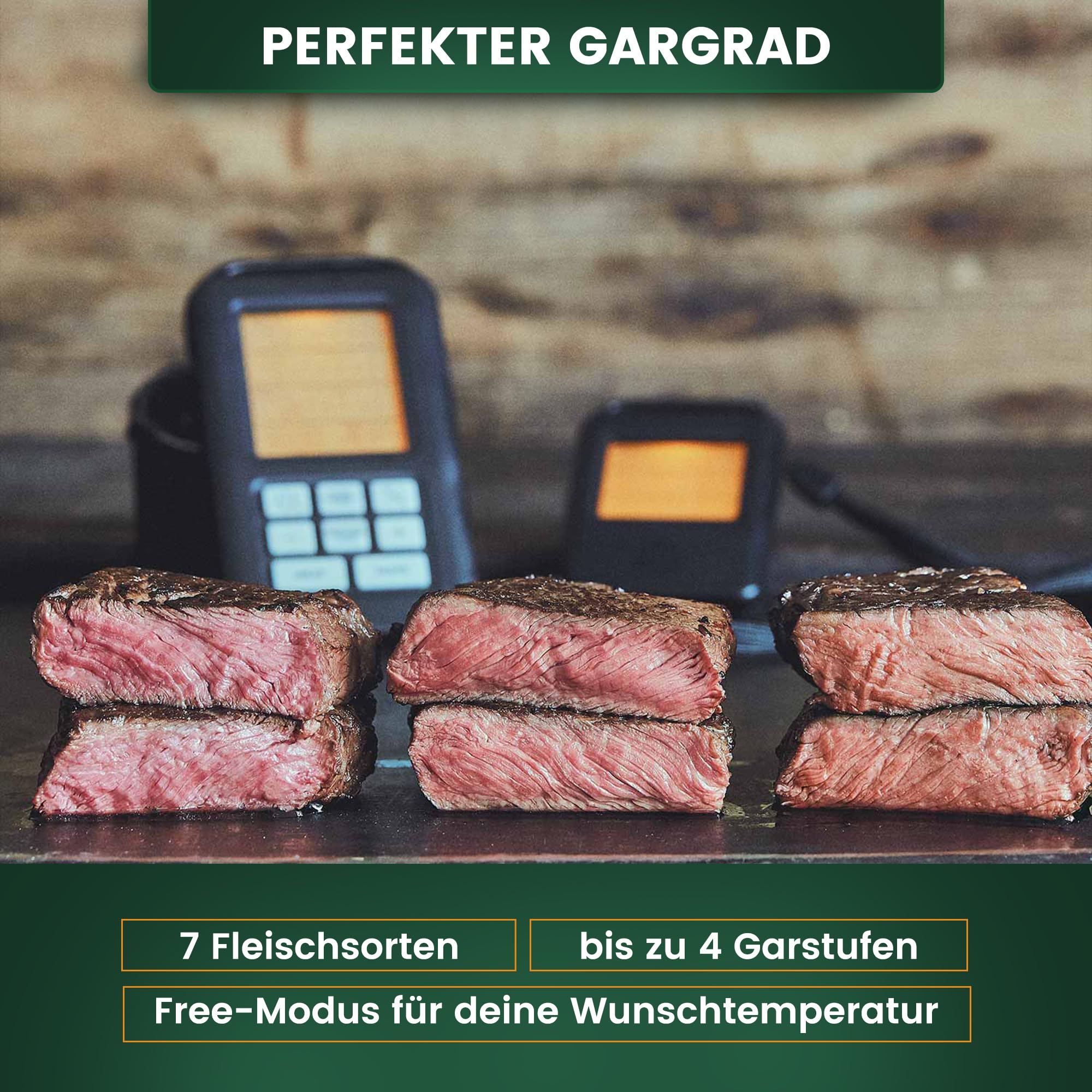 BURNHARD® Funk Grillthermometer mit 4 Temperaturfühlern, 30m Reichweite, Digital Braten-Thermometer für Grill & Backofen, Timer, BBQ Thermometer, Grillzubehör für Fleisch & Fisch 3