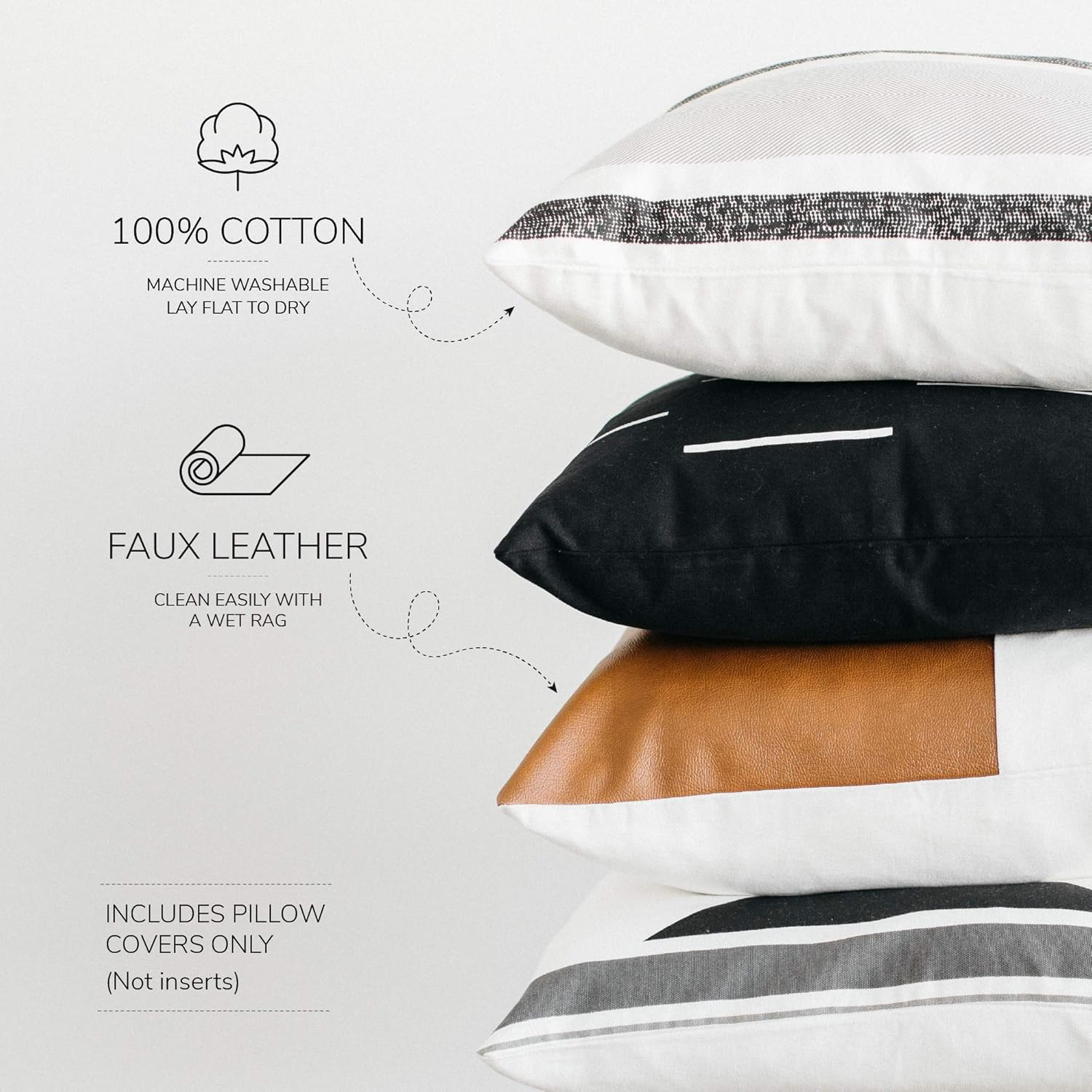 Woven Nook Decorative Throw Pillow Covers, 100% Cotton with Faux Leather, Zulu Set, Pack of 4 (18" x 18"): Home & Kitchen