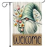 Welcome Spring Garden Flag 12x18 inch Burlap Double Sided Gnome Colorful Floral Small Summer Garden Flags Decorations For Outside Yard Home Outdoor Patio Lawn Decor