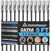CableGeeker Cat6A Ethernet Patch Cable 5ft-12Pack Black, High-Speed 10Gpbs, 550MHz Slim Patch Cables, 28AWG Flexiable Network