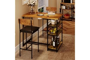 Amyove Dining Table Set for 2, Bar Table and Chairs for 2, Kitchen Table Set with 2 Upholstered Chairs, 3 Large Storage Shelves, Pub Table Set for Small Space, Apartment, Breakfast, Rustic Brown