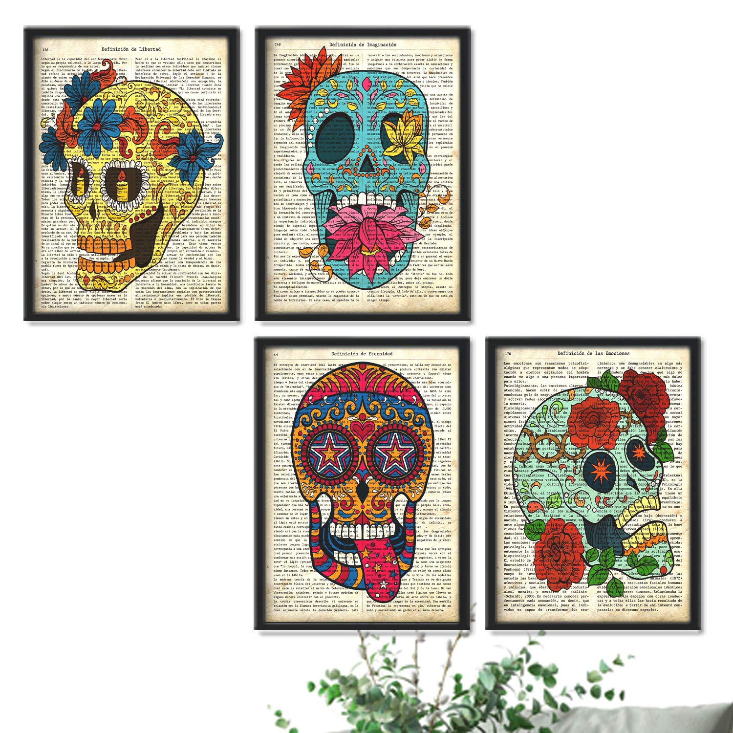 Nacnic Set of 4 plates with colorful Mexican Skulls Sugar Skull Day of the Dead with definitions. A4 size. Frameless.…