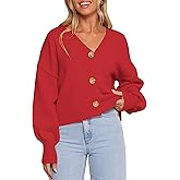 Balimtoy Womens V Neck Cropped Cardigan Lightweight Cute Puff Long Sleeve Button Up Relaxed Fit Fall Sweater Jacket