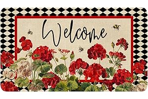 XSINUFN Spring Summer Door Mat,Geranium Bee Red Floral Buffalo Plaid Indoor Outdoor Non-Slip Doormat,Entryway Front Porch Farmhouse Spring Welcome Door Mat for Entrance Decor,30" x 17"