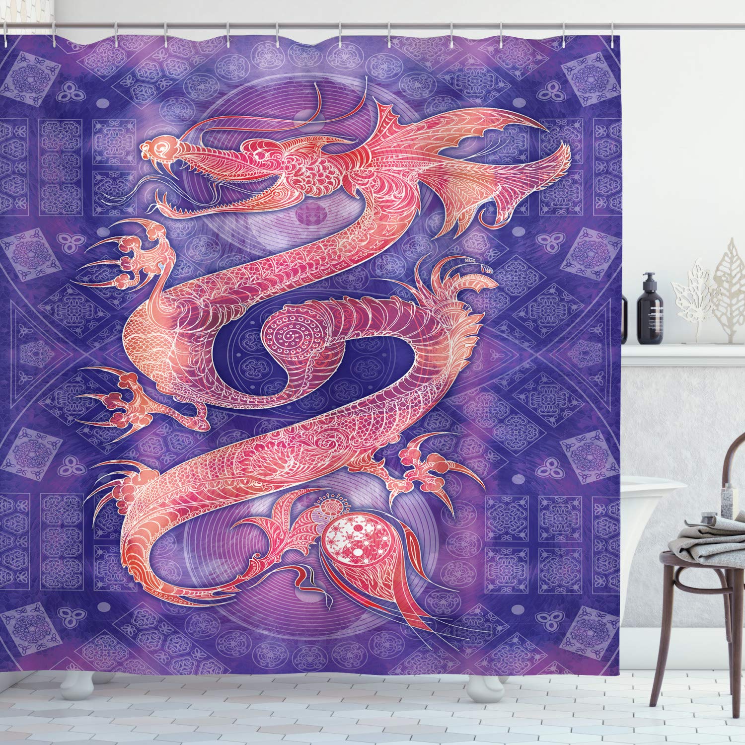 ABAKUHAUS Dragon Shower Curtain, Chinese Figure with Ying Yang Signs Ethnic Patterns Asian Arts Meditation Themed, Cloth Fabric Bathroom Decor Set with Hooks, 70 Inches, Purple Coral