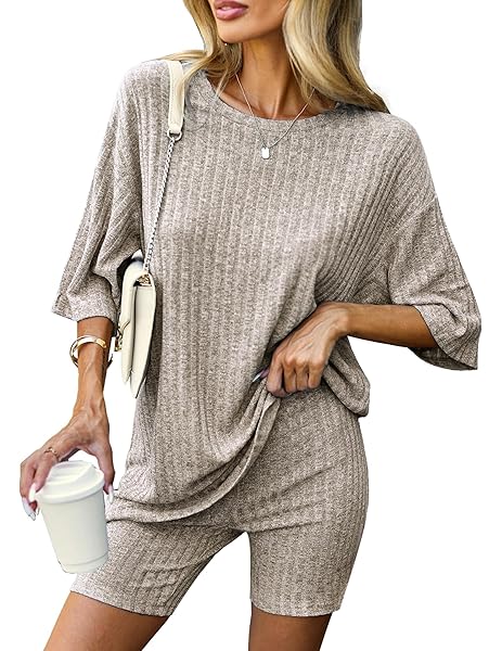 EKOUAER PAJAMAS 2 PIECE LOUNGE SETS RIBBED KNIT MATCHING OUTFITS T-SHIRT BIKER SHORTS SLEEPWEAR LOUNGEWEAR SWEATSUITS CAMEL XX-LARGE