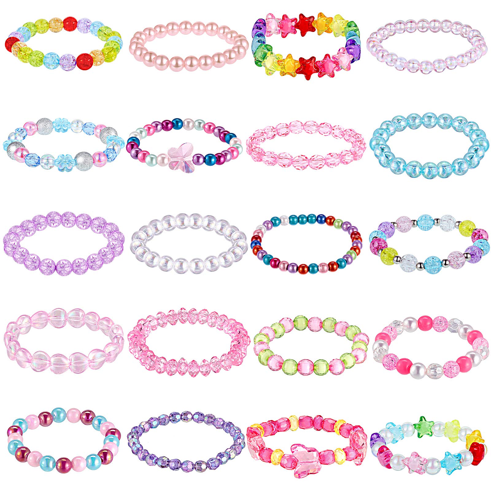 Photo 1 of 20 Pieces Girl Beaded Bracelets Cute Rainbow Bead Colorful Bracelets Princess Stretchy Wristband for Prince Birthday Present
