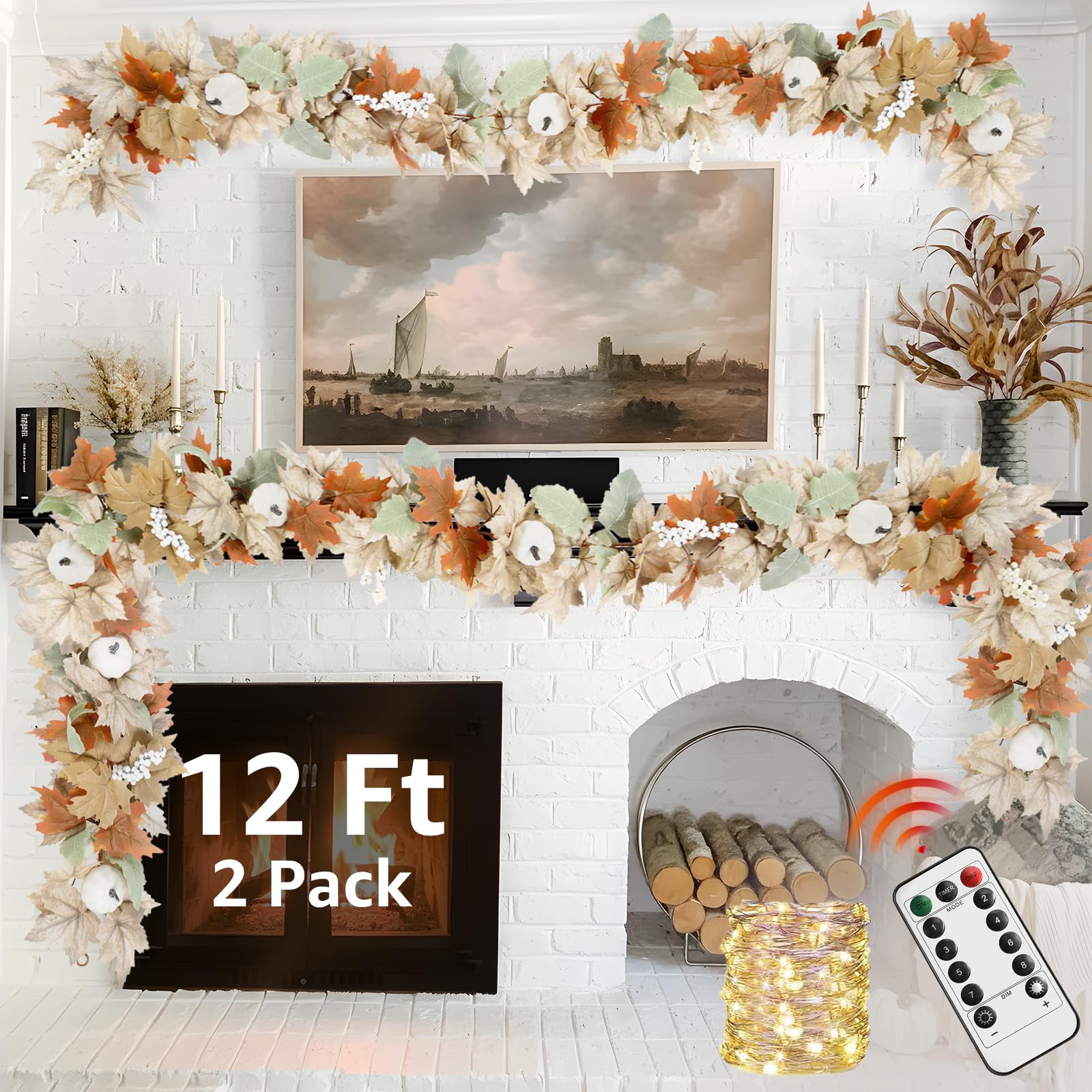 Photo 1 of Neutral Fall Garland for Mantle Fireplace - 2 Pack Total 24Ft Outdoor Autumn Leaves Decor for Home Front Door with Pumpkins Indoor Maple for Farmhouse Stairs Porch Halloween Thanksgiving Decorations