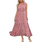 Kormei Women Floral Summer Knot One Shoulder Sleeveless Ruffled Tiered Flowy Boho Beach Maxi Long Dresses