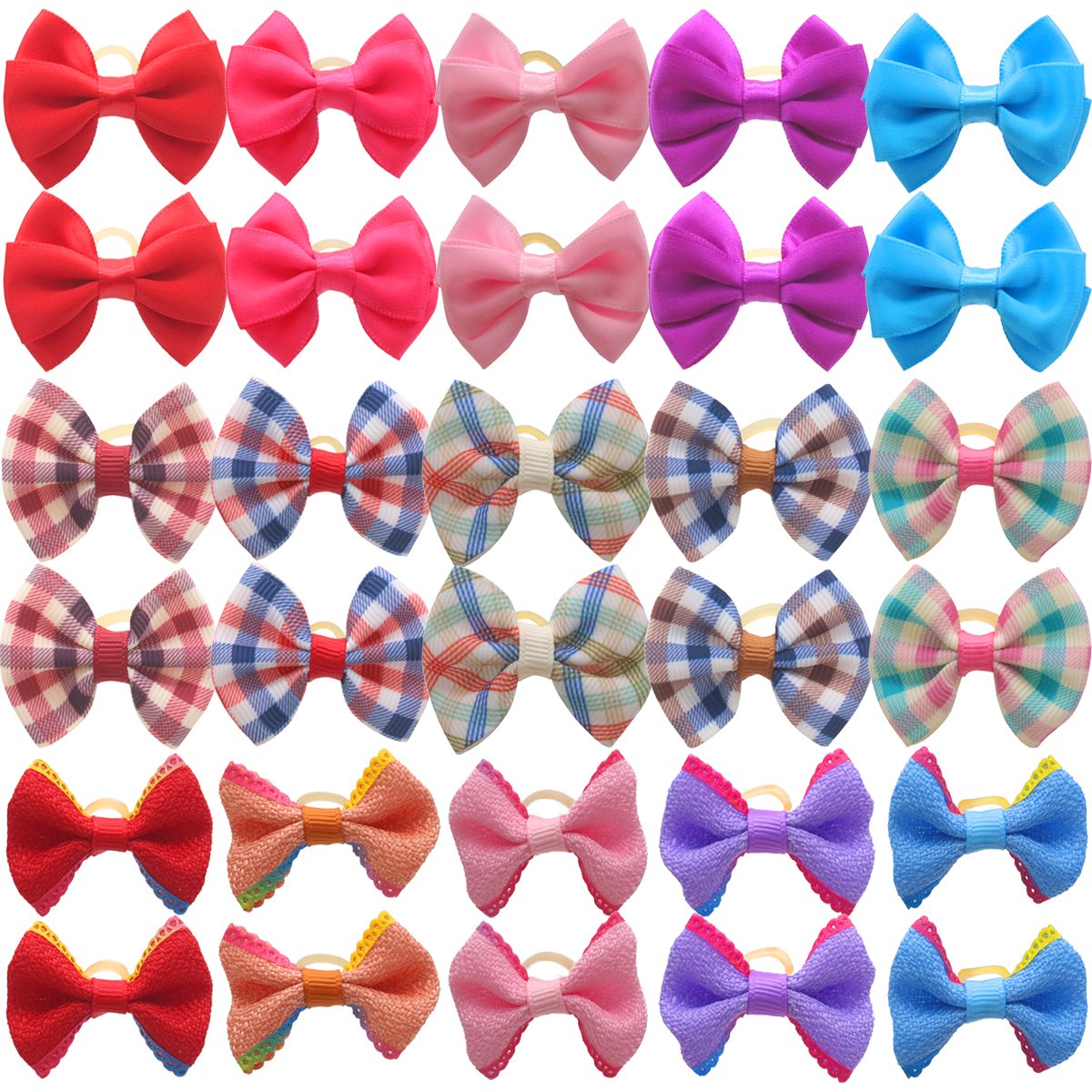 HOLLIHI 30pcs /15 Pairs Adorable Grosgrain Ribbon Pet Dog Hair Bows with Rubber Bands - Puppy Topknot Cat Kitty Doggy Grooming Hair Accessories Bow knots Headdress Flowers Set for Groomer