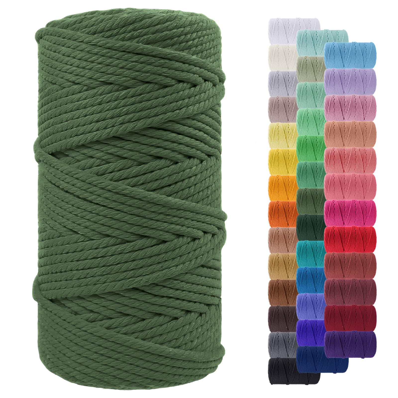 LEREATI Macrame Cord 5mm x 100m, Thick Macrame Rope Yarn Natural Cotton Cord, 4 Strand Twisted Colored String for Wall Hanging Plant Hanger DIY Crafts Boho Decor (Army Green)