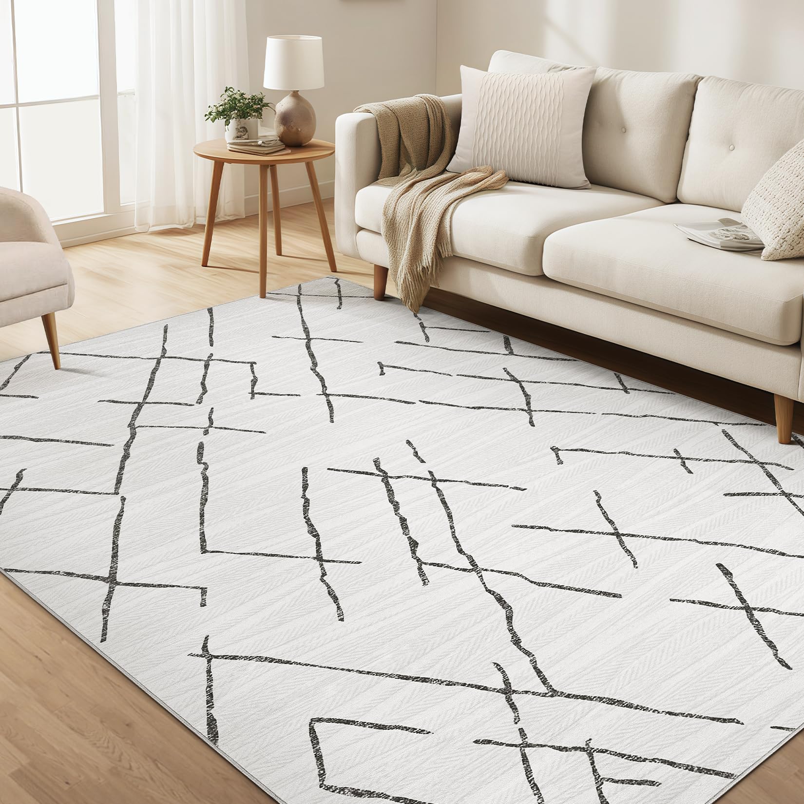 Area Rug Living Room Rugs - 5X7 Washable Boho Farmhouse Bohemian Neutral Large Moroccan Geometric Soft No Slip Indoor Thin Floor Carpet for Bedroom Under Dining Table Home Office - Light Grey Image