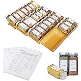 KitHero Spice Drawer Organizer with 24 Spice Jars and 216 Labels,Non-slip Rubber, Bamboo 4 Tier Spice Racks Tray Seasoning Containers for Kitchen Drawers,Cabinets,Countertops,13" Wide * 15.8" Deep