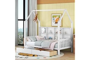 BELLEMAVE Twin Size House Bed with Storage Drawers and Shelves, Kids Montessori Playhouse Bed Wood Tent Daybed Frame for Girls Boys Teens, White