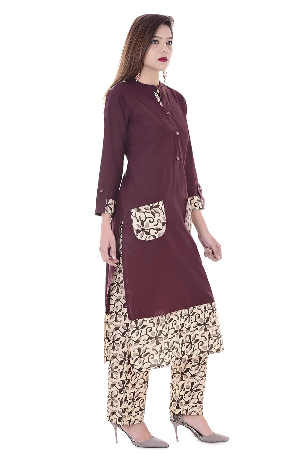 palakh women's cotton brown pocket kurti with beige printed palazzo