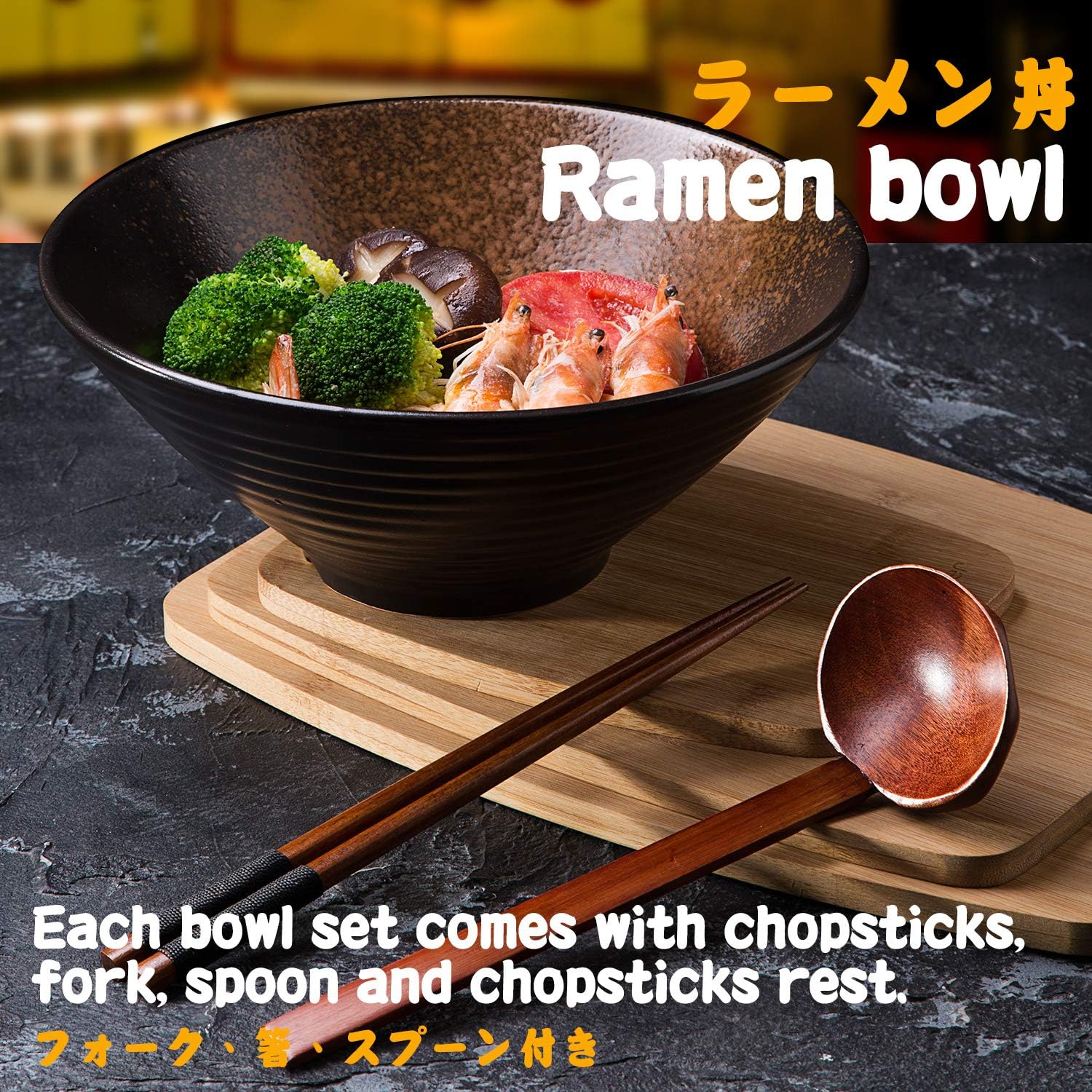 Ramen Bowl Set of 2, 1500ml Japanese Ceramic Noodle Soup Bowl with Spoons, Chopsticks and Forks, for Pho Udon, Pasta, Curry - Image 5