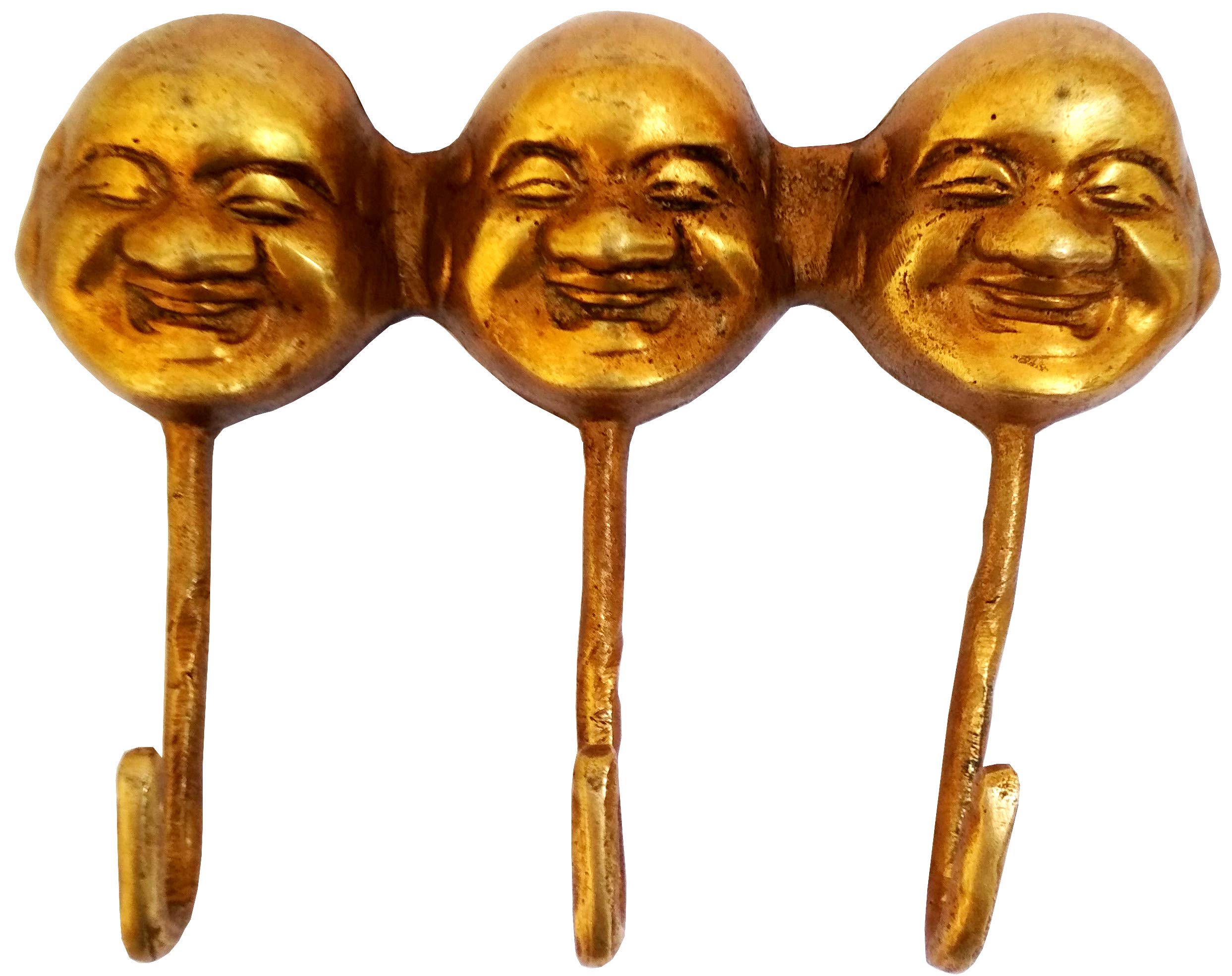 Purpledip Brass Wall Hook 'Three Laughing Buddhas': Vintage Design Coat Clothes Hanger (11736)
