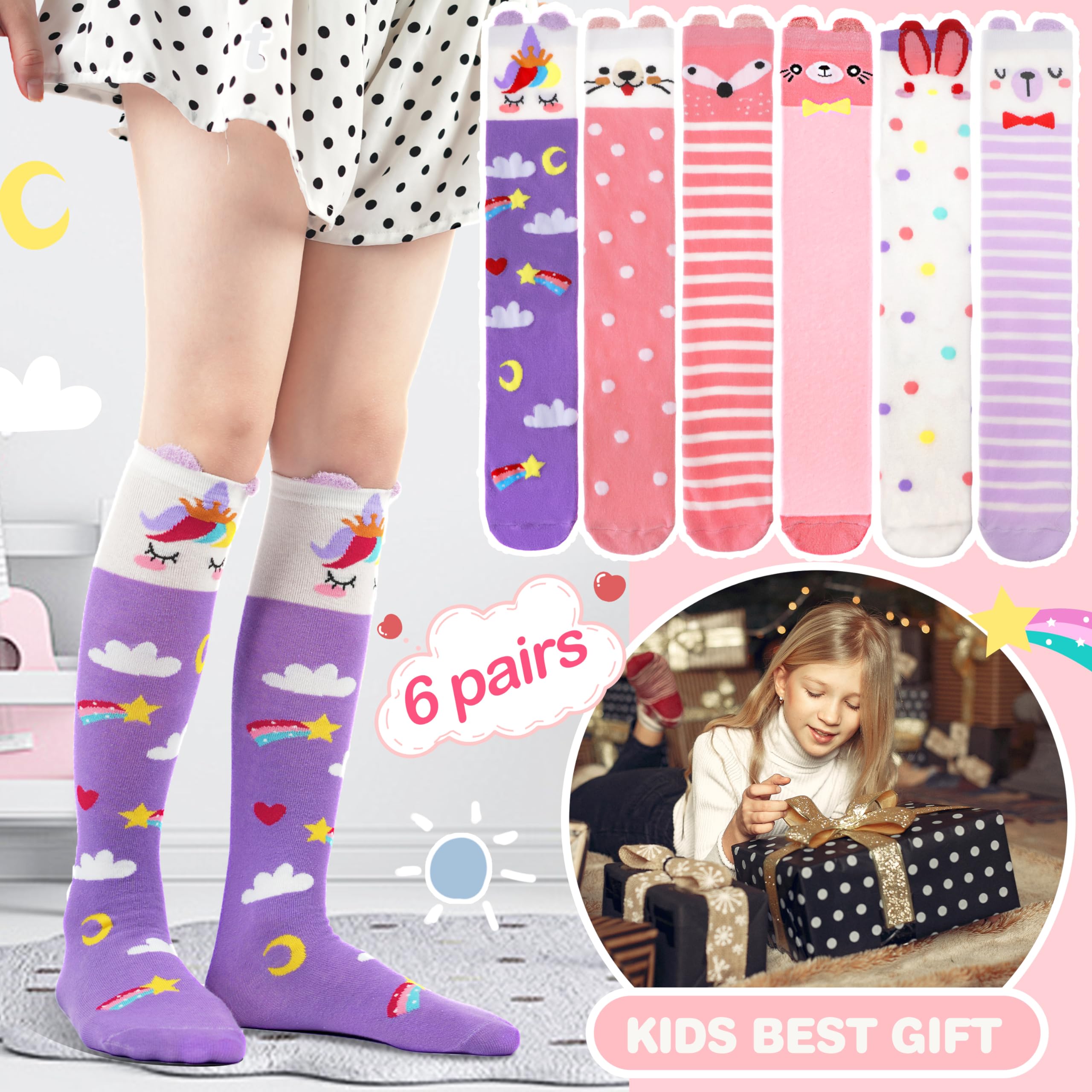 MOGGEI 6 Pairs Kids Girls Knee High Socks Gift Long Crazy Silly Tall Funny Boot Cute Animal Child Fun Socks