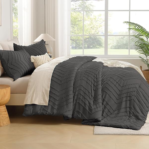 ANDENCY DARK GREY OVERSIZED SUPER KING COMFORTER SET 120X120, EXTRA LARGE KING SIZE COMFORTER OVERSIZE BOHO SOFT WARM BEDDING COMFORTER SETS, 3 PIECES AESTHETIC CHEVRON TEXTURED BEDDING SET