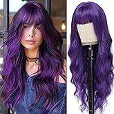 MINSEEYOO Dark Purple Wig with Bangs for Women Long Purple Wavy Wigs 26 Inch Dark Purple Wigs Natural Looking Heat Resistant Synthetic Wig for Daily Party Use