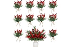 Geosar 24 Pieces Red Christmas Artificial Greenery Pine Branches Small Holly Artificial Berries Picks Bulk for Crafts Wreath Decoration Xmas Tree Party Gift for Christmas Holiday Decor