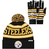 FOCO NFL unisex-adult Nfl Team Logo Adult Stretch Gloves With Stripe Pom Winter Knit Hat Beanie Set