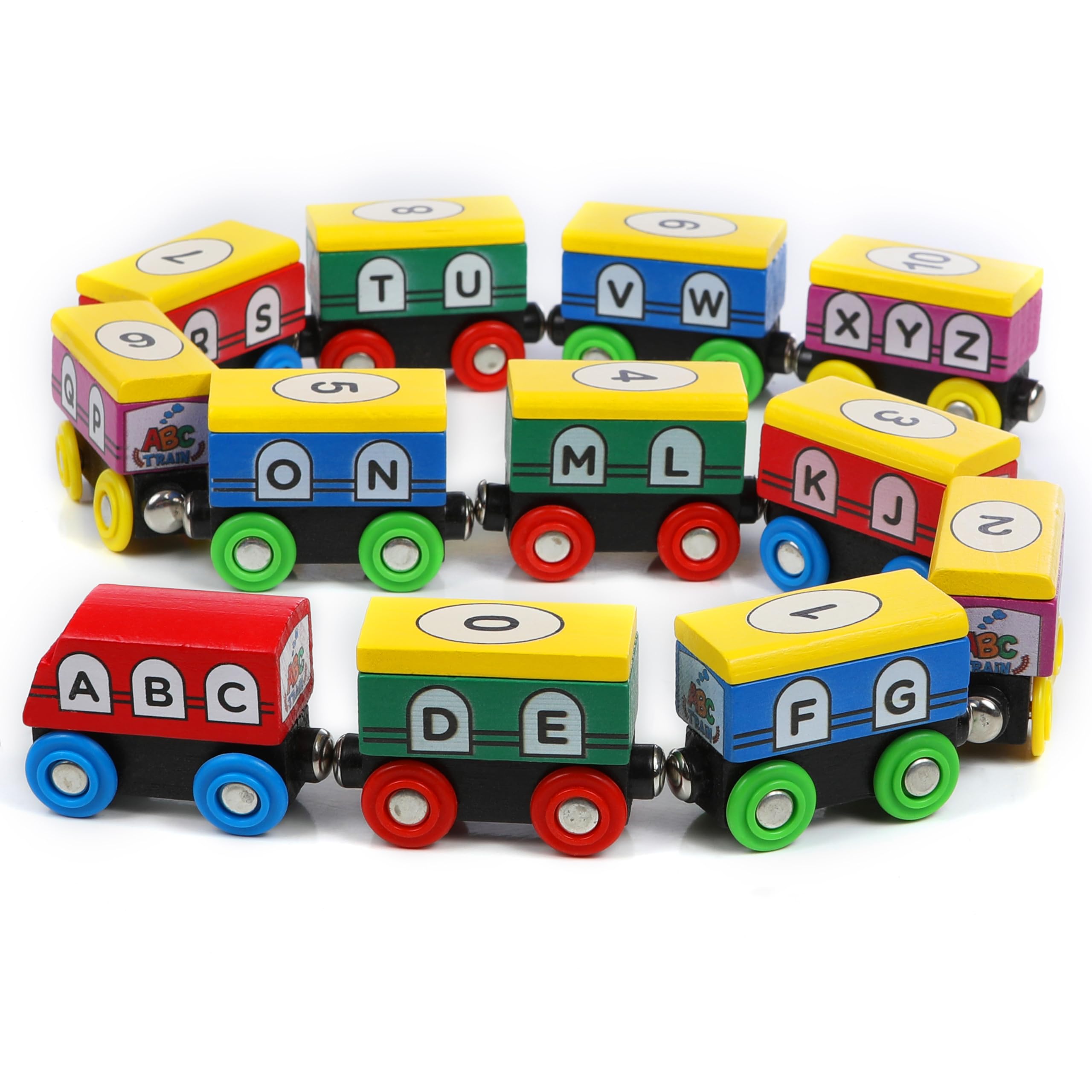 Photo 1 of On Track USA Wooden Train Set ABC Magnetic Trains for Toddlers 12 Pieces, Compatible with All Train Track Accessory Sets, Alphabet and Numbers Toy Trains for Boys and Girls
