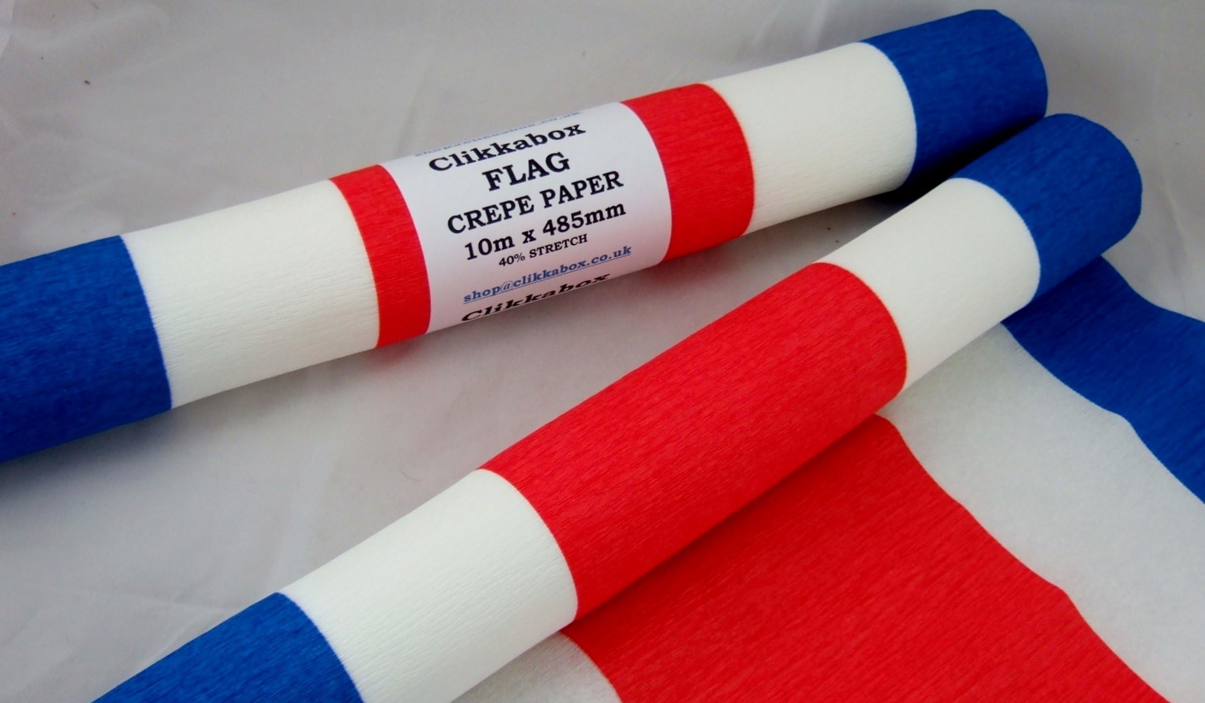 1 Red White & Blue Flag Crepe Paper Roll 10meters x 48.85cm (19ins) heavier than standard crepe and flame retardant. Many uses as decorations, marketing tools, great favourite with schools and the craft industry, World Cup