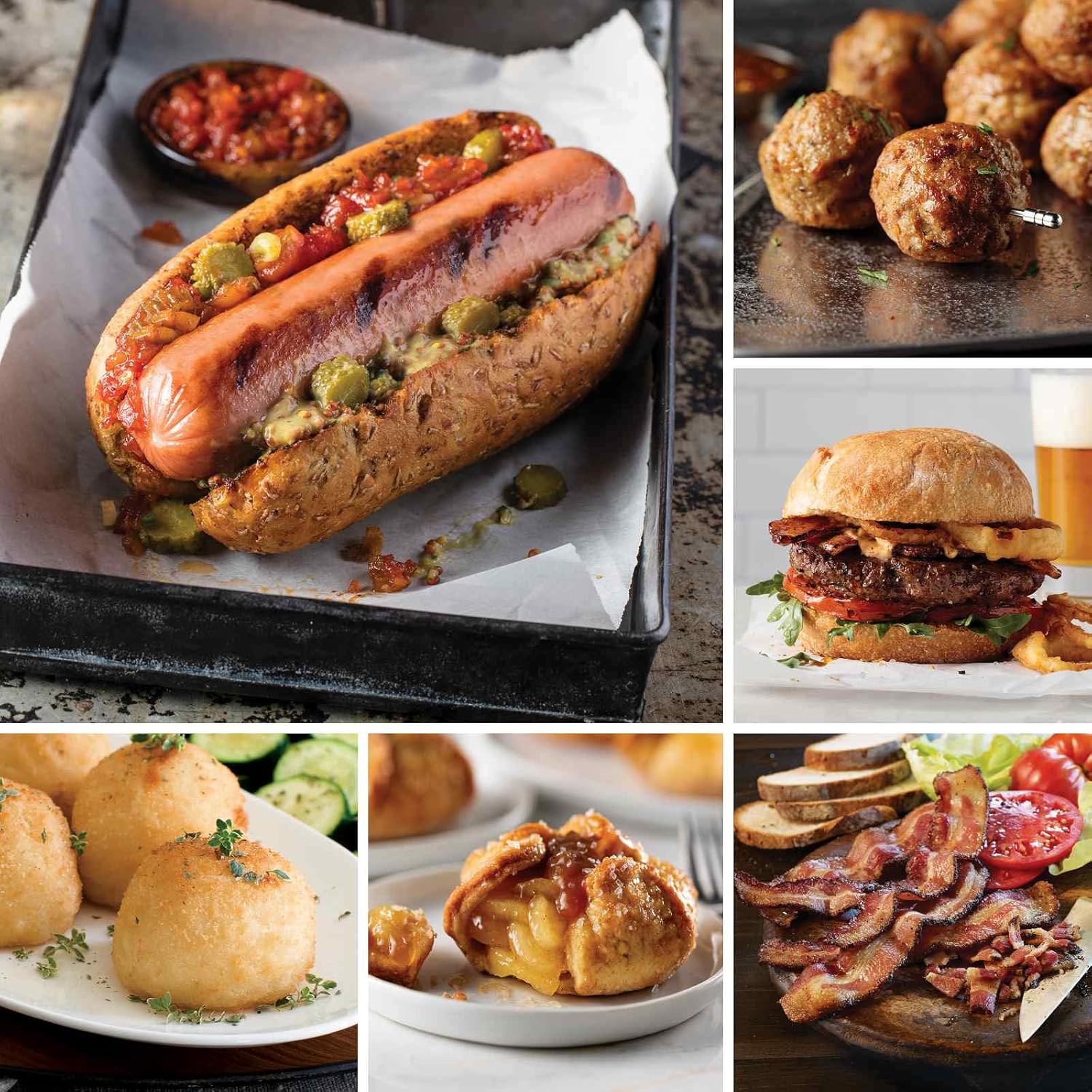 Mega Meals Assortment from Omaha Steaks (Gourmet Jumbo Franks, Potatoes au Gratin, Caramel Apple Tartlets, Applewood Smoked Steak-Cut Bacon, Omaha Steaks Burgers, All-Beef Meatballs, and more)