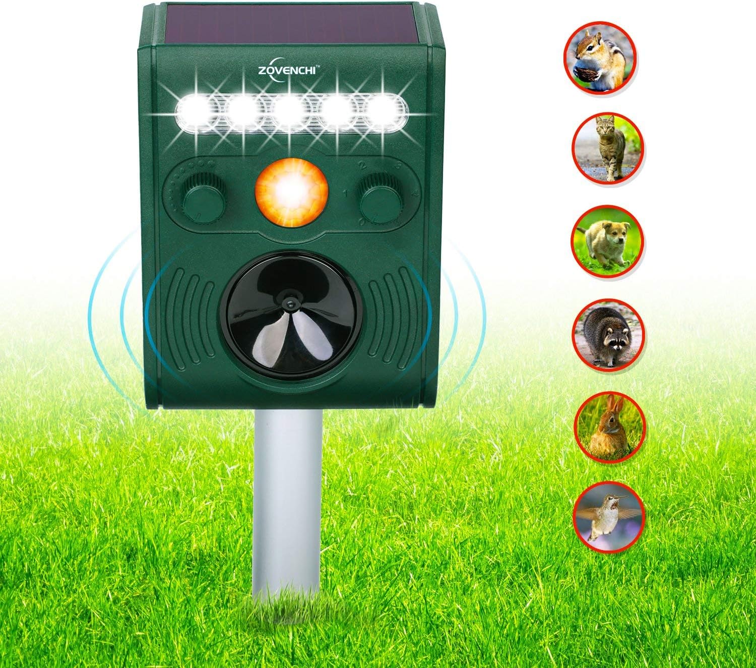 Ultrasonic Animal Repeller, Solar Powered Repeller with Motion Sensor Ultrasonic and Red Flashing Lights Outdoor Waterproof Farm Garden Yard Repeller, Cats, Dogs, Foxes, Birds, Skunk,Rod