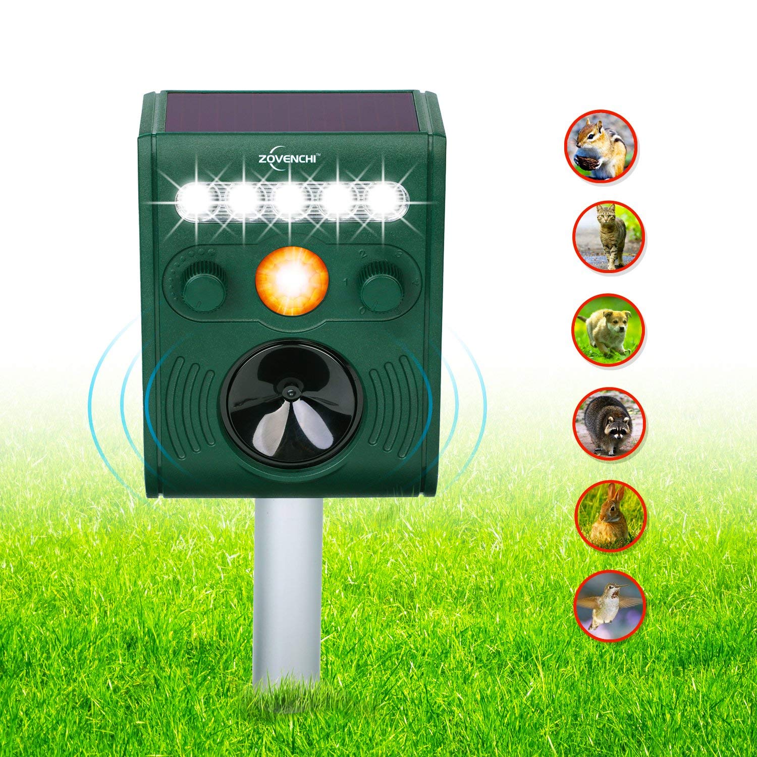 Ultrasonic Animal Repeller, Solar Powered Repeller with Motion Sensor Ultrasonic and Red Flashing Lights Outdoor Waterproof Farm Garden Yard Repeller, Cats, Dogs, Foxes, Birds, Skunk,Rod
