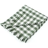 CloudDwelling 100% Cotton Throw Blanket Plaid Soft Lightweight Cozy Farmhouse Tassels Summer Thin Breathable Throws for Couch Sofa Bed (50" × 60" Green)
