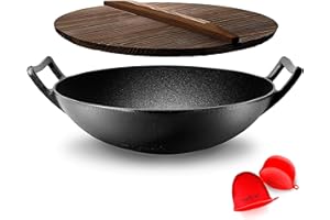 NutriChef 17-Inch Cast Iron Wok with Lid – 43cm Heavy-Duty Nonstick Stir Fry Pan, Induction Compatible, Deep Round-Bottomed S