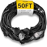 COLSEN 50 Feet Outdoor Extension Cord with 11 Outlets, 14 AWG SJTW, Black | LED Power Indicator, Weatherproof Caps, 15 Amp 1875W, UL Listed