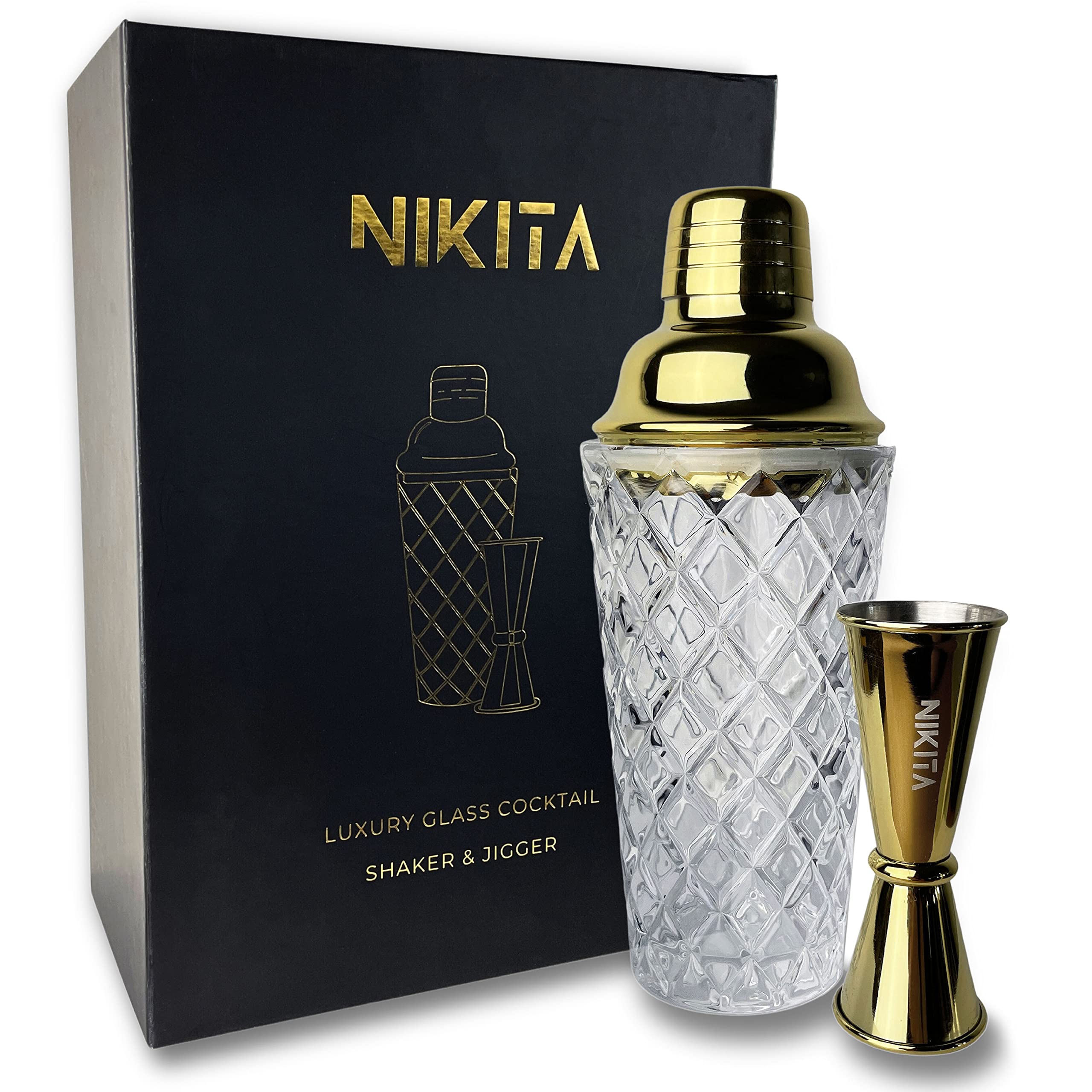 Nikita By Niki Gold Cocktail Shaker - 385ml - Metallic Steel Lid, Cocktail Strainer, Jigger - Glass - Gold