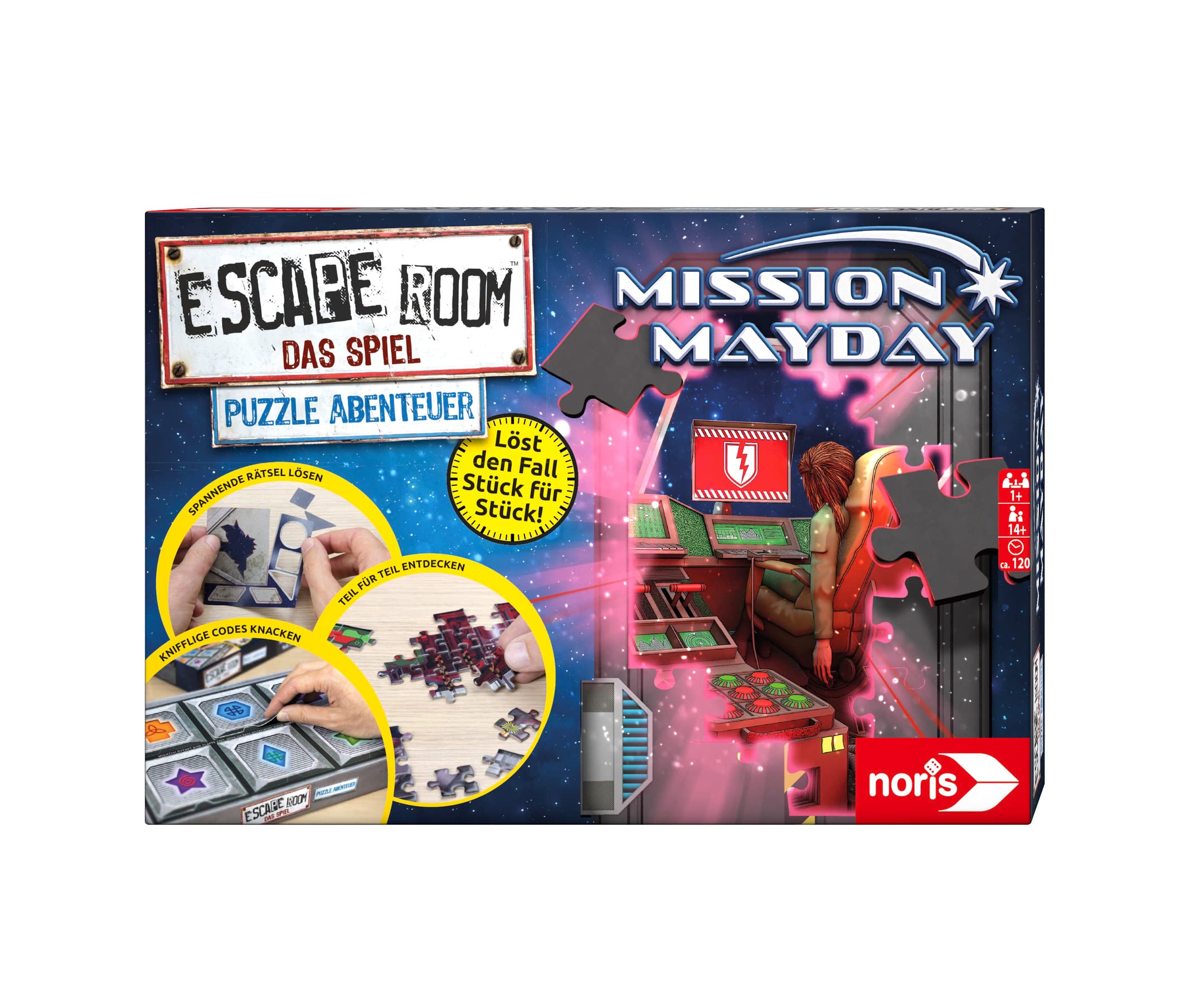 Noris 606102060 Escape Room Adventure, Mission MayDay Families and Board Game for Puzzle Fans Including 3 Cases from 14 Years, Multi-Coloured