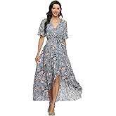VintageClothing Women's Wrap V Neck Floral Summer Dresses High Low Maxi Casual