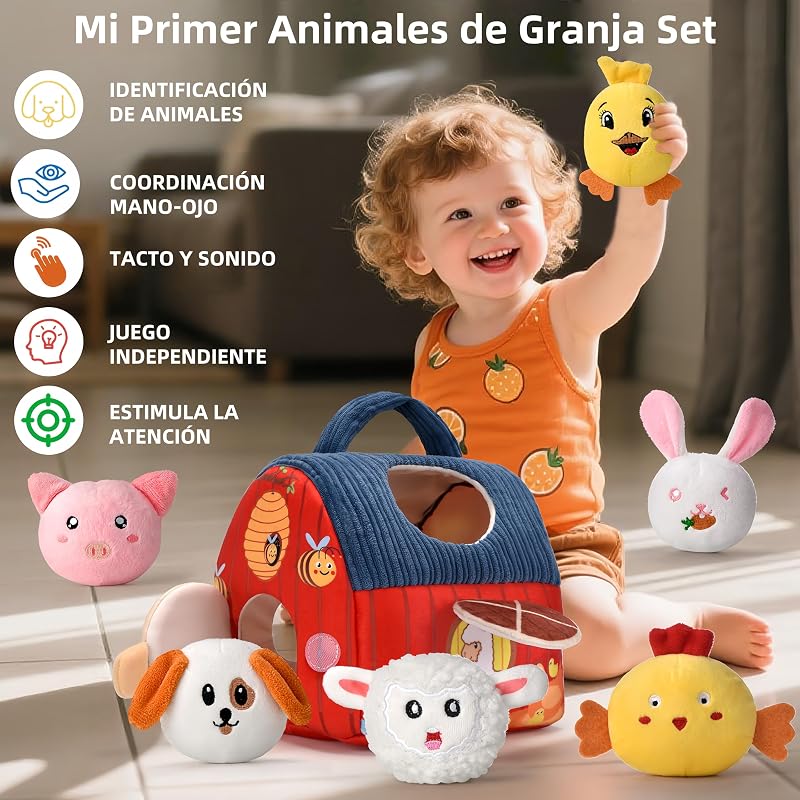 Juguete Montessori para Bebés 6-12 Meses, Set de Granja Blanda con 6 Animales - Juguete Sensorial con Granero,Sonajas, Arrugas, Espejo, Juegos Educativos y de Motricidad Niños — foto 2 de 8