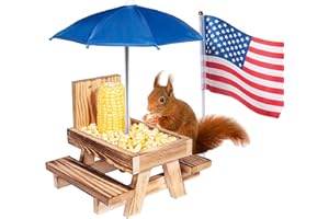 PURCOULEUR Squirrel Feeder Picnic Table with Blue Umbrella, Wooden Squirrel Table Feeder Outside Funny with Corn Cob Holder for Yard and Porch Decoration, Easy to Fill Peanuts in Shell and Nuts