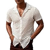 Panegy Men's Sheer Openwork Shirts Short Sleeve/Sleeveless Button Down Blouse Casual Collared Beach Top 2024