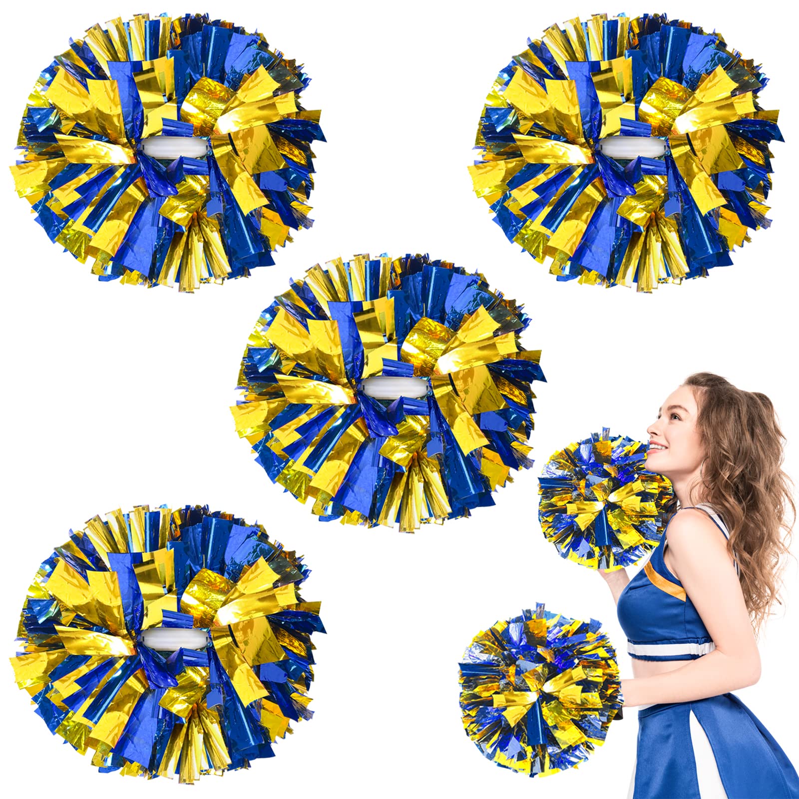 ZONITOK 4Pcs Metallic Cheerleading Pom Poms, 12 inch Cheerleader Pompoms with Baton Handle, Cheering Squad Pompoms for Kids Adults School Dance Sports Team Spirit Cheering (Blue+Gold)