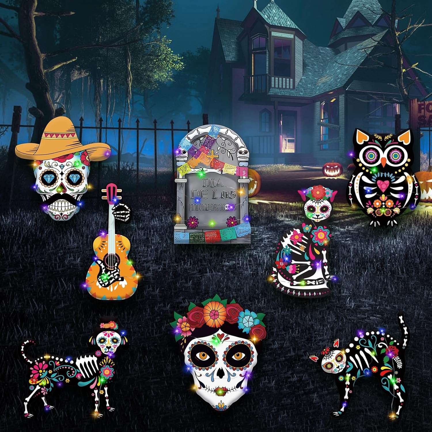Yard Signs - Dia De Los Muertos Yard Decorations - Day of the Dead Yard Sign for Outdoor Decorations, 8Pcs Sugar Skull Skeleton Dog Cat Owl Guitar Lawn Sign with Stakes for Yard,Lawn,Mexican Fiesta Halloween Party Supplies