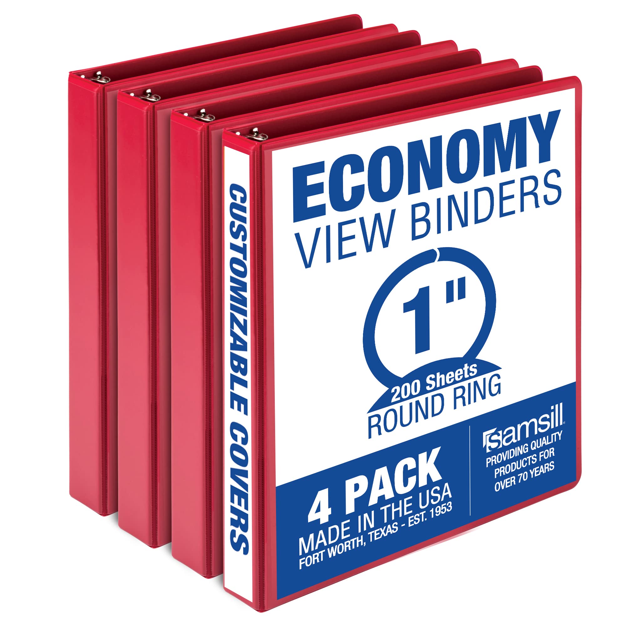 Photo 1 of Samsill 1 Inch 3 Ring Binders, Made in USA, Economy Round Ring, Clear View Cover, 200 Sheet Capacity - for School, Home, Office - Red, 4 Pack