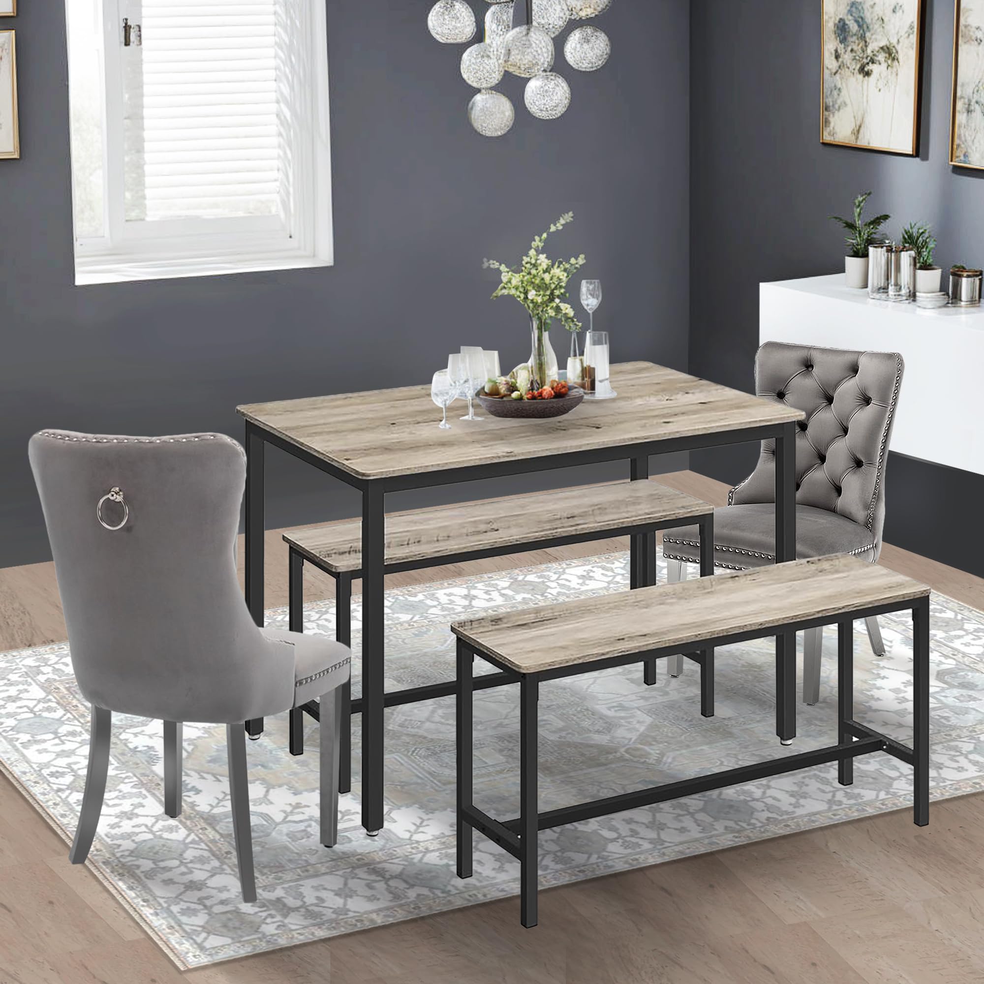 Photo 1 of ***PARTIAL SET, NO CHAIRS ***GIA Home Series 5pcs Modern Dining Set Includes 1 Rectangle Grey Wooden Table, 2 Velvet Armless Chairs and 2 Benches, Set of 5, Grey
