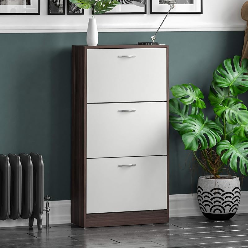 Vida Designs 3-Drawer Walnut White Wooden Shoe Cabinet Storage