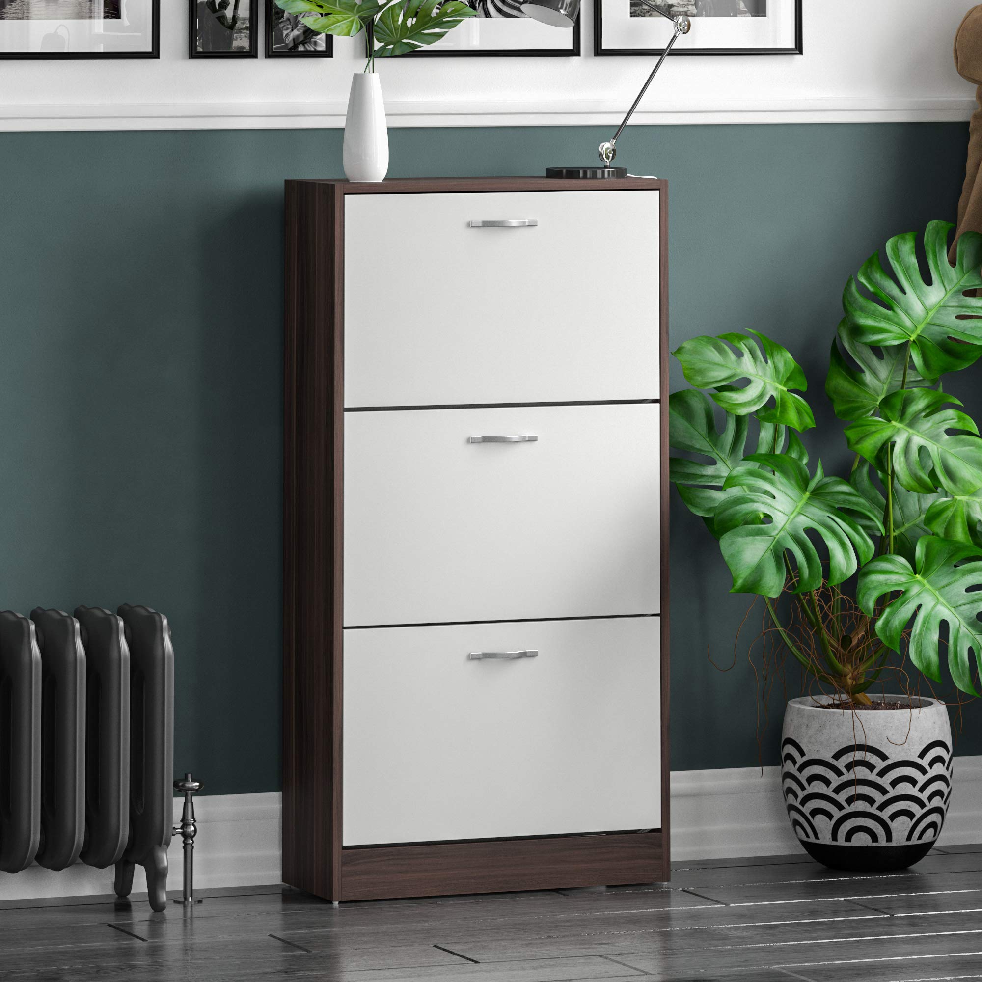 Vida Designs Shoe Cabinet, Wooden Shoe Storage Unit with 3 Pull-Down Drawers, Multifunctional Dust-Proof Space-Saving Slim Cupboard for Hallway or Entryway (Walnut & White)